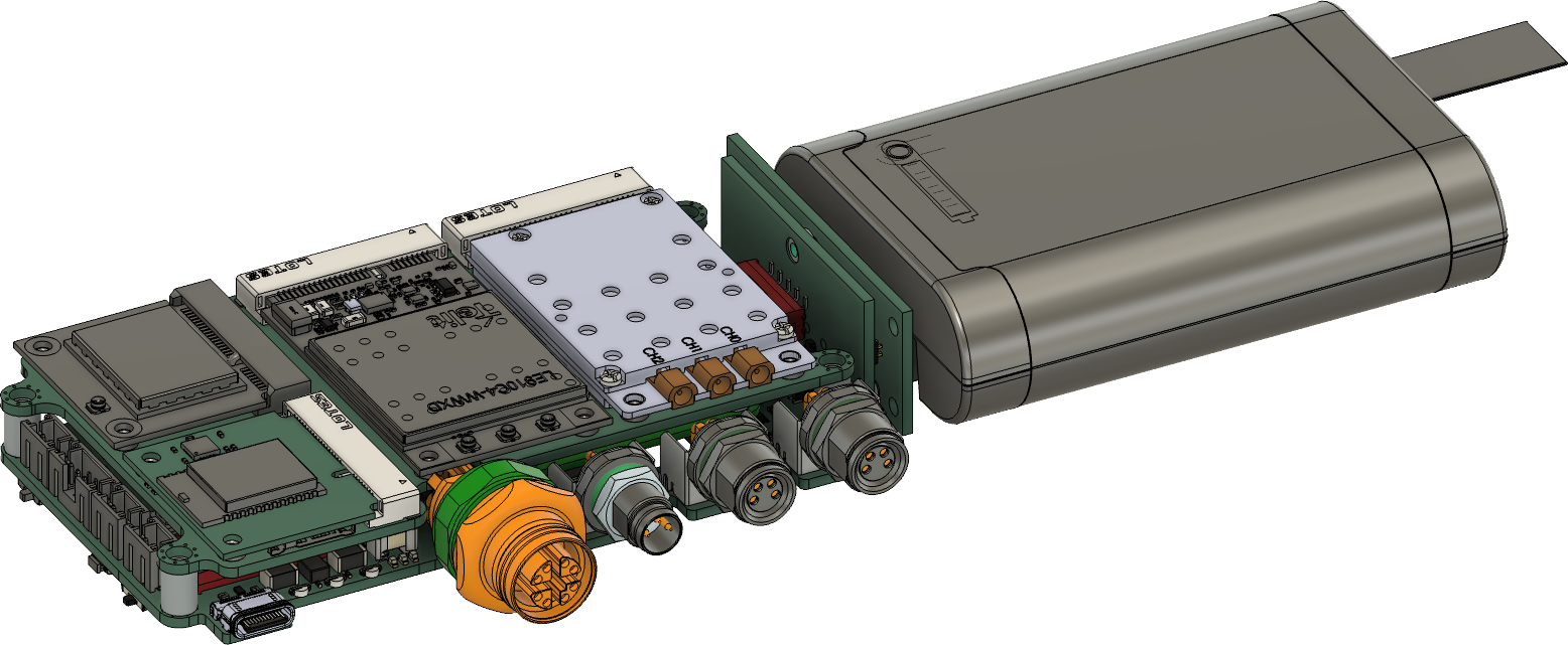 SKIDER Core electronics: carrier board with compute, radio and LTE modules, M8/M12 connectors and battery pack