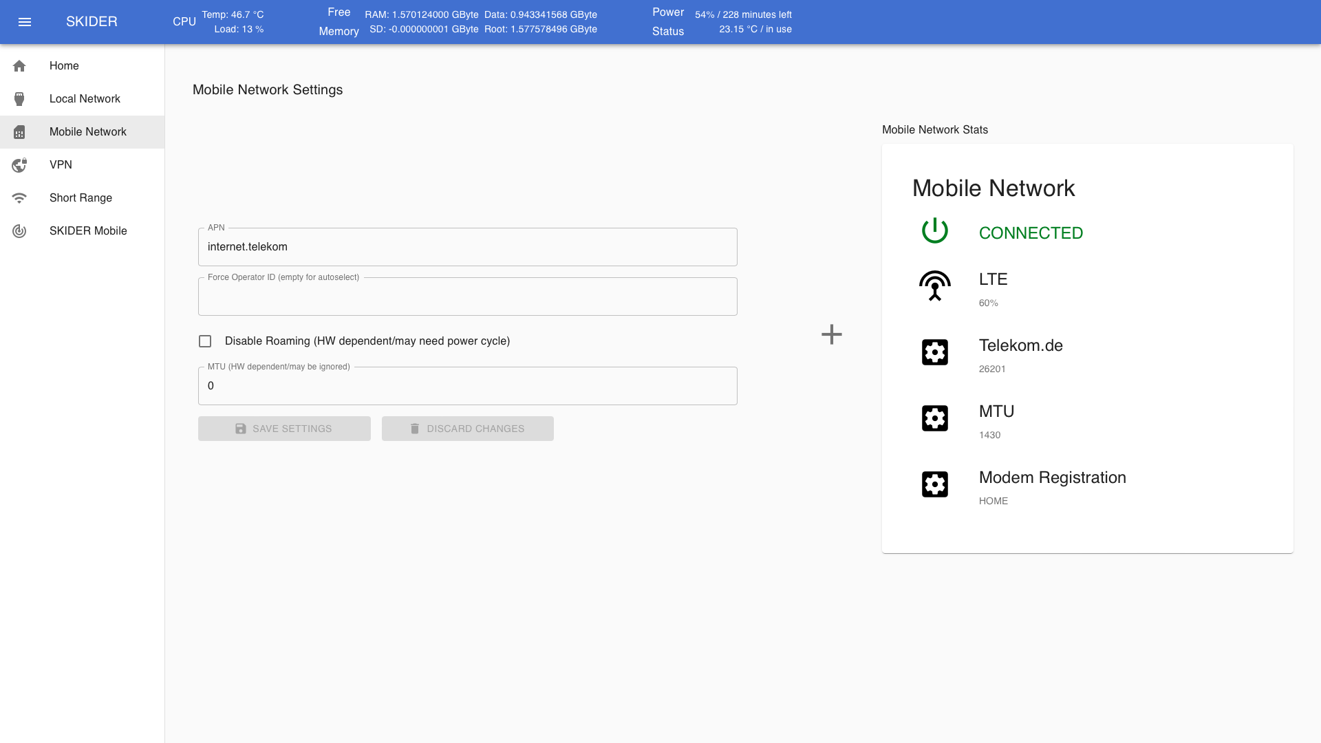 Mobile Network setup page